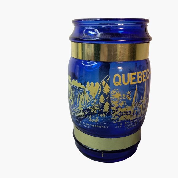 Quebec Canada Souvenir Cobalt Blue Glass Mug Wooden Handle Vintage - Picture 4 of 12